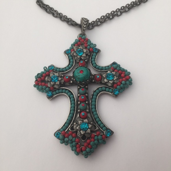 STUNNING Beaded Cross Necklace With CZ Accents - Picture 1 of 5